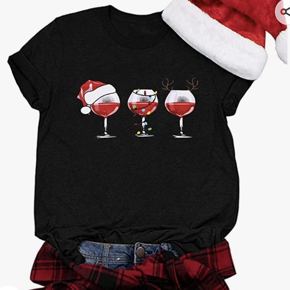 Wine Not Merry Christmas Short Sleeve Tee in Black and Red Size Medium - Picture 2 of 11